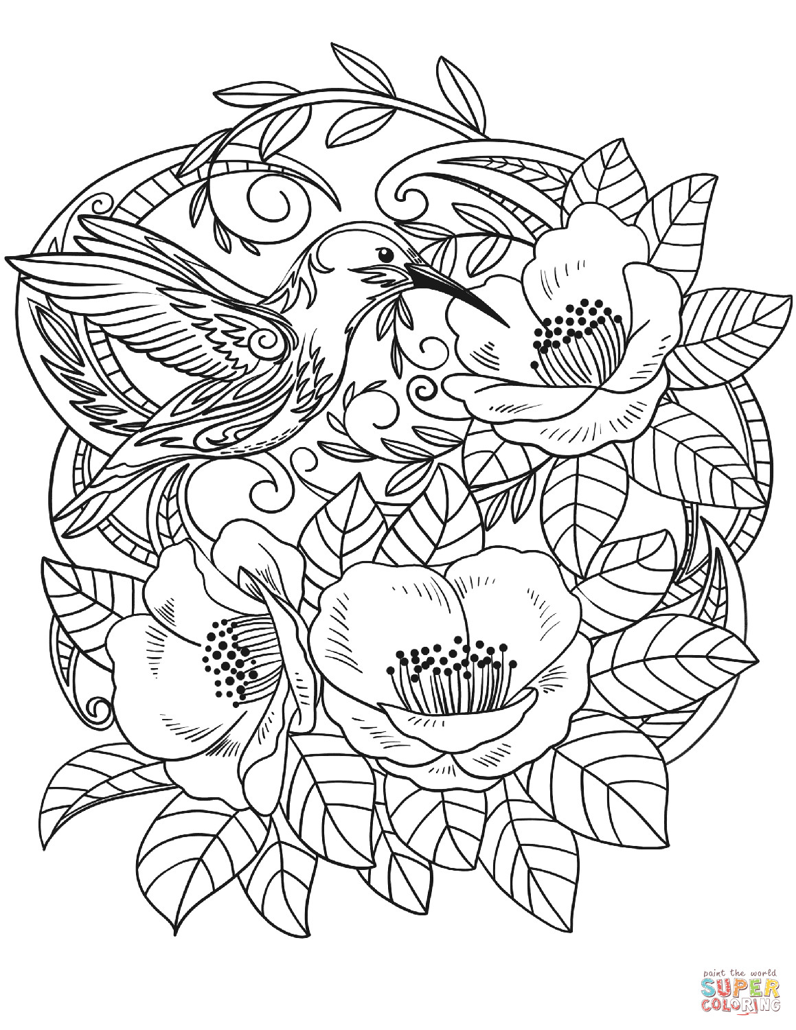 Free Printable Coloring Pages Of Flowers
 Hummingbird in Flowers coloring page