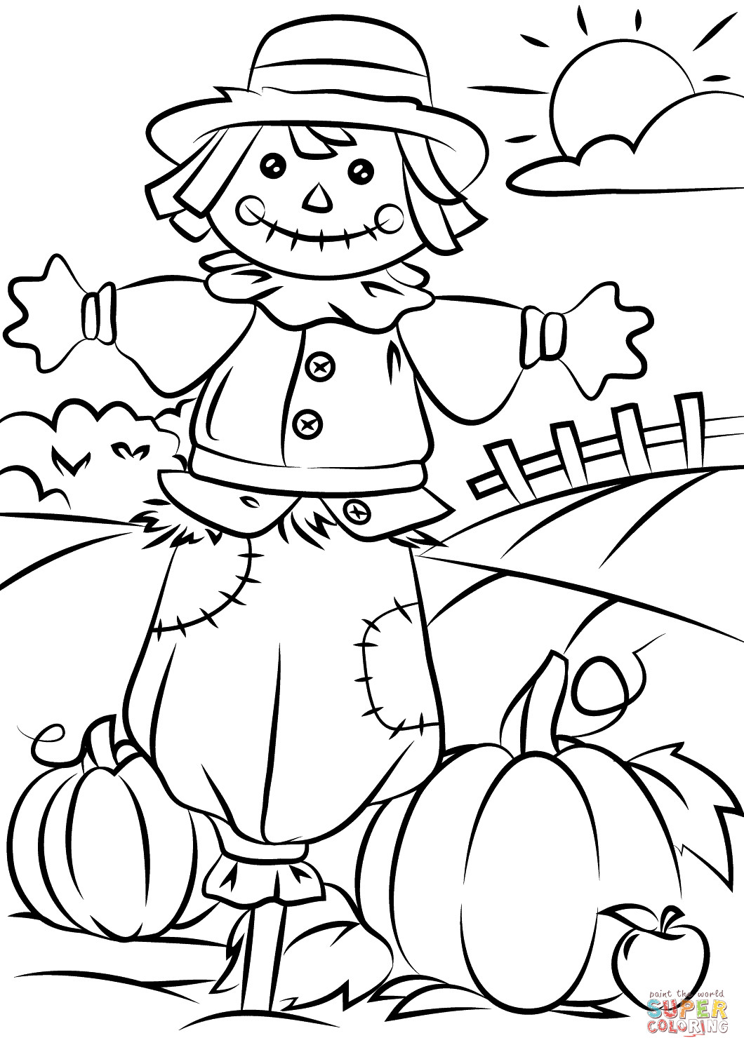 Free Printable Fall Coloring Pages
 Autumn Scene with Scarecrow coloring page