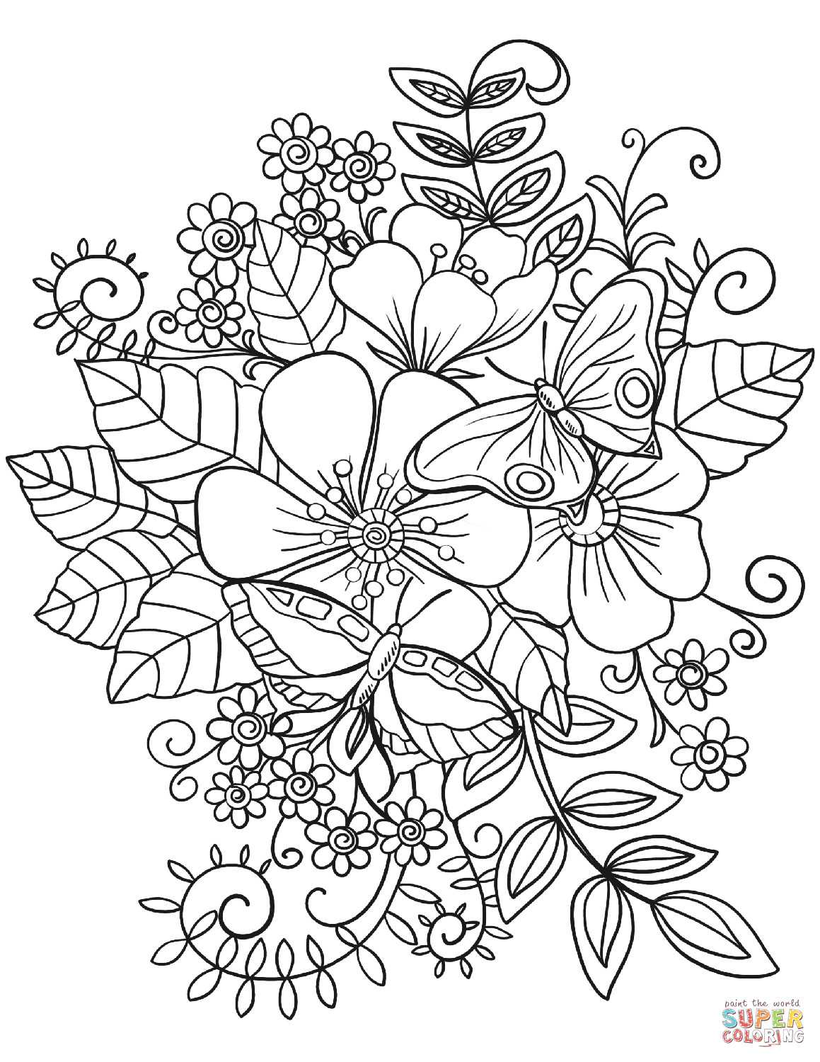 Free Printable Flower Coloring Pages
 Butterflies on Flowers coloring page
