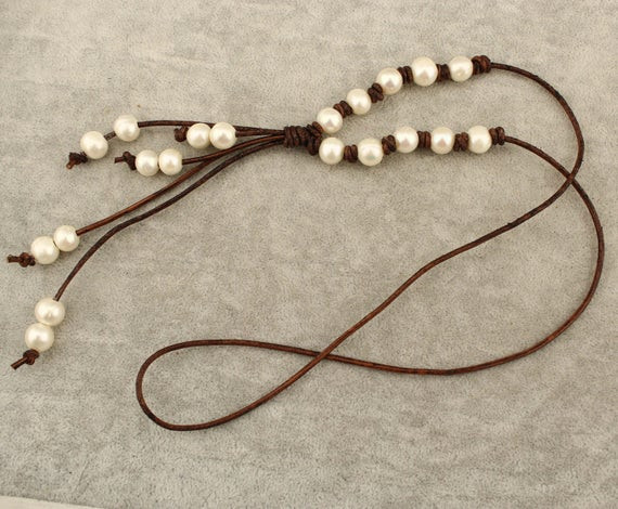 Freshwater Pearl Leather Necklace
 Leather necklace cord freshwater pearl by WangDesignJewelry