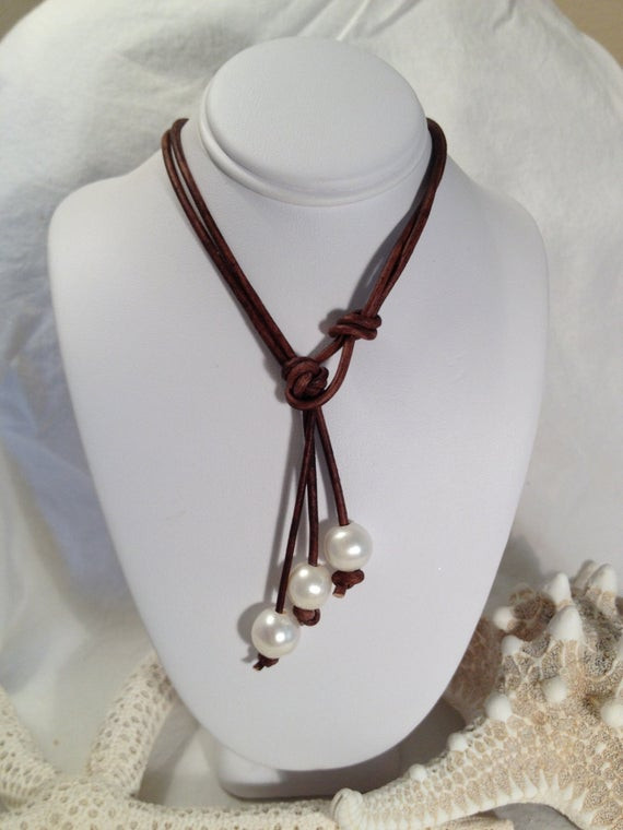 Freshwater Pearl Leather Necklace
 Freshwater Creamy White Pearl Leather Lariat Necklace