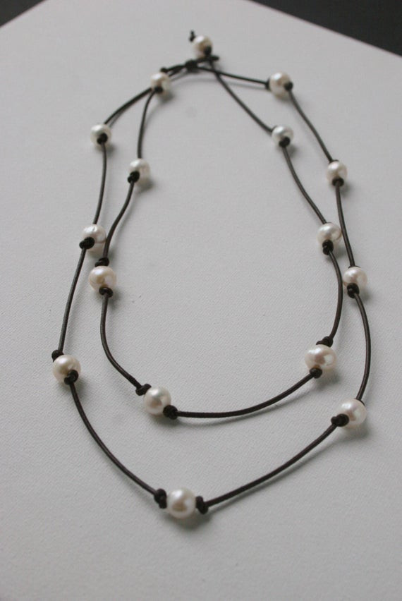 Freshwater Pearl Leather Necklace
 Long Freshwater Pearl and Leather Necklace
