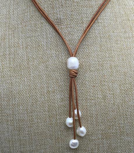 Freshwater Pearl Leather Necklace
 Freshwater Pearl And Leather Lariat Necklace Light Brown