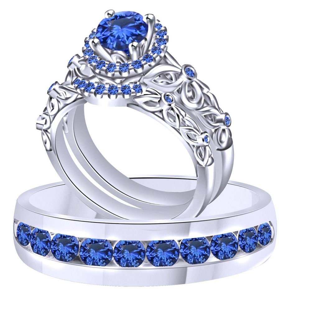 Gemstone Wedding Rings
 Blue Sapphire Trio Wedding Ring Band Set Solid 18K White