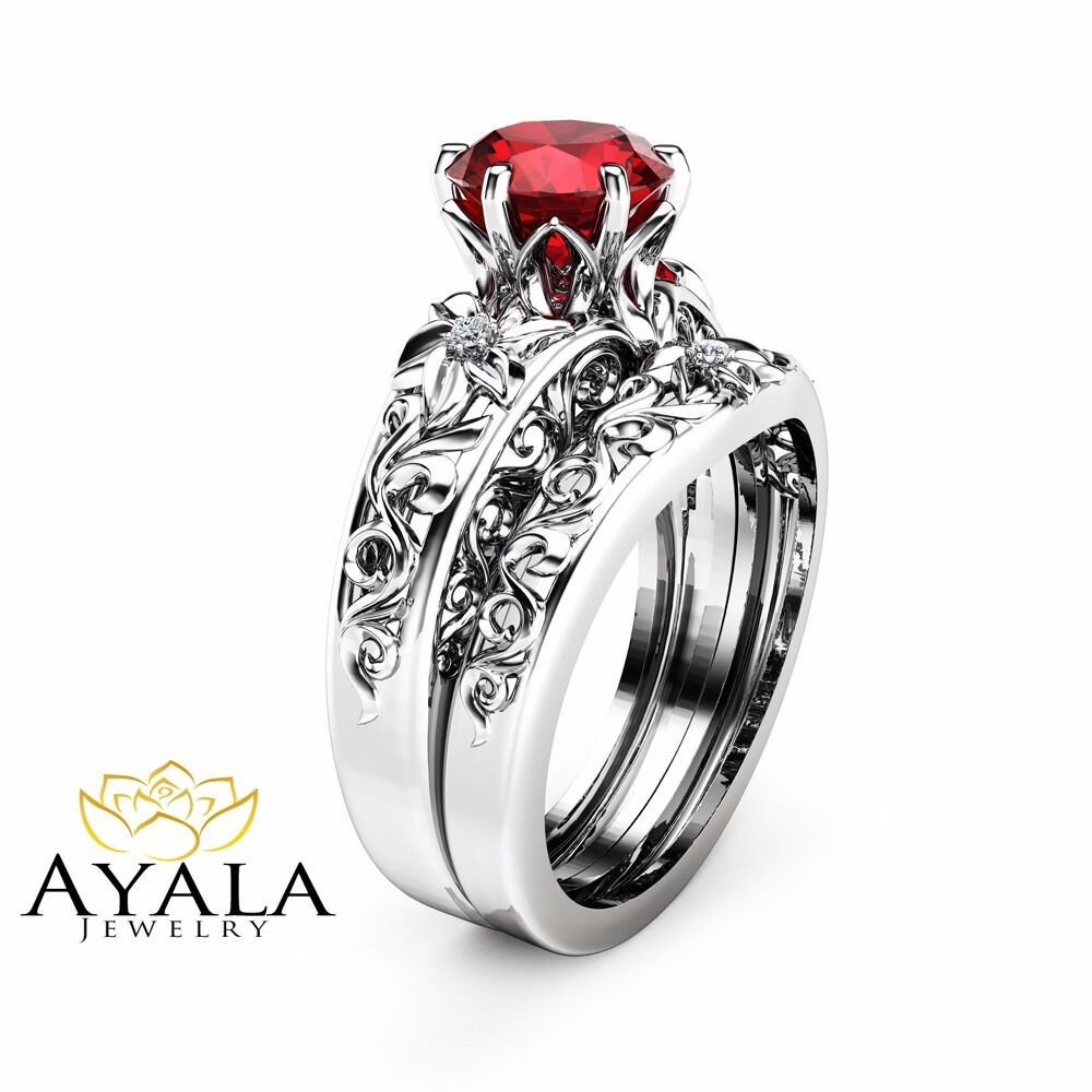 Gemstone Wedding Rings
 Natural Ruby Engagement Ring Set Unique 14K White Gold