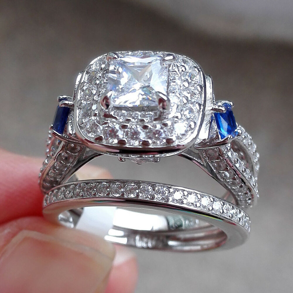 Gemstone Wedding Sets
 2ct Princess Blue Sapphire 925 Sterling Silver Engagement