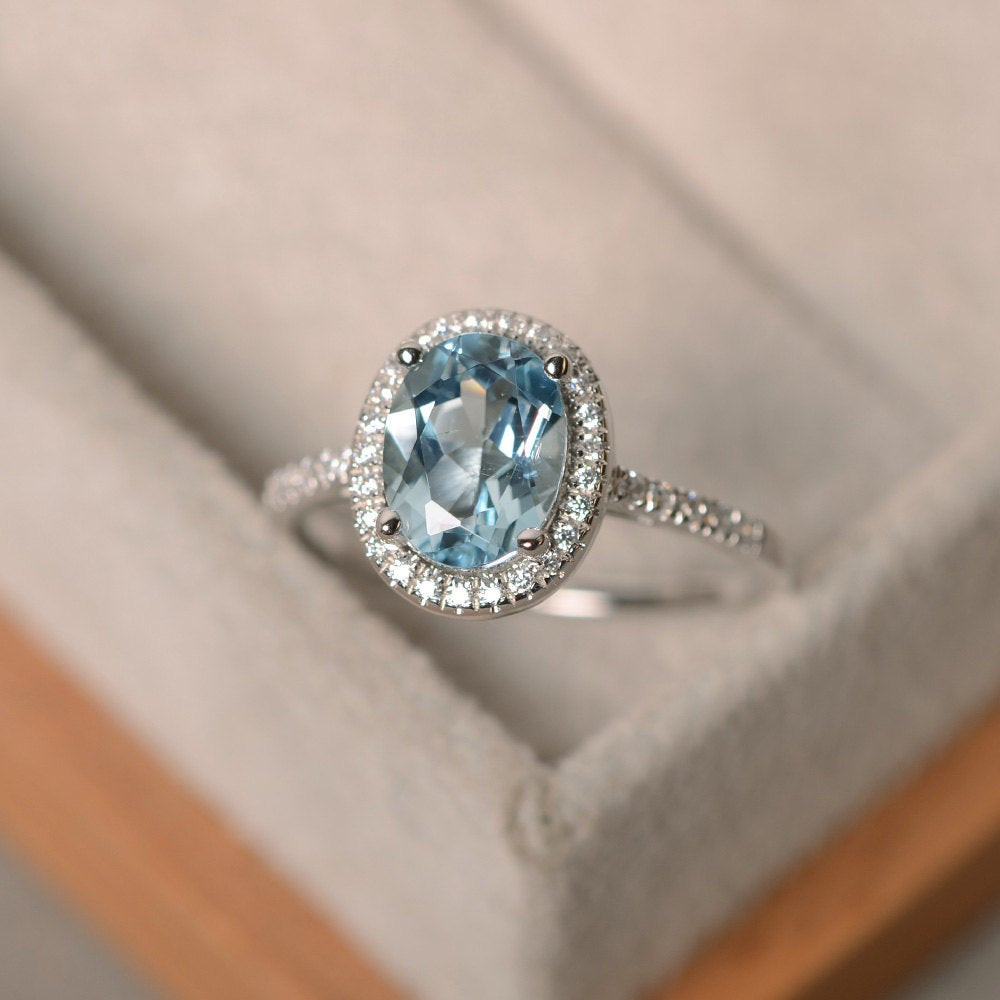 Gemstone Wedding Sets
 March birthstone aquamarine ring sterling silver halo ring