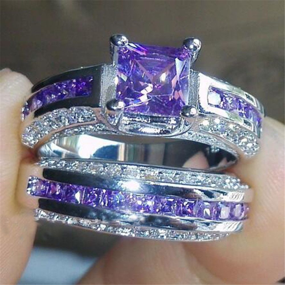 Gemstone Wedding Sets
 Princess Luxury 925 Sterling Silver purple crystal CZ