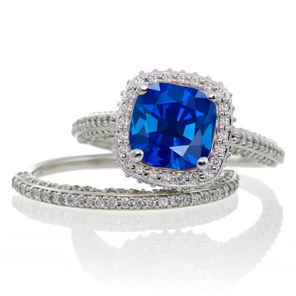 Gemstone Wedding Sets
 2 5 Carat Cushion Cut Designer Sapphire and Diamond Halo