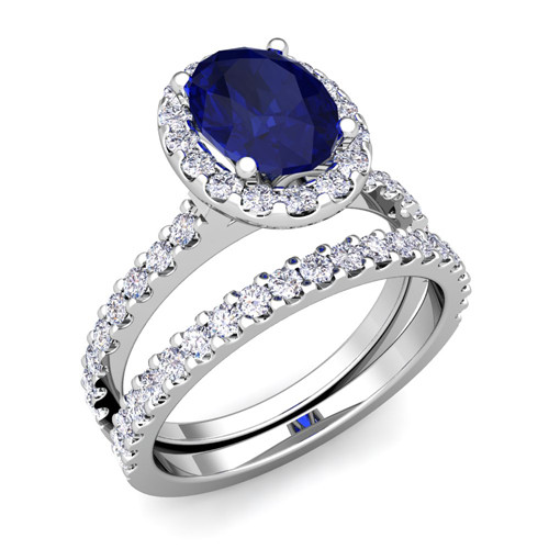 Gemstone Wedding Sets
 Halo Bridal Set Diamond Sapphire Engagement Ring 14k Gold