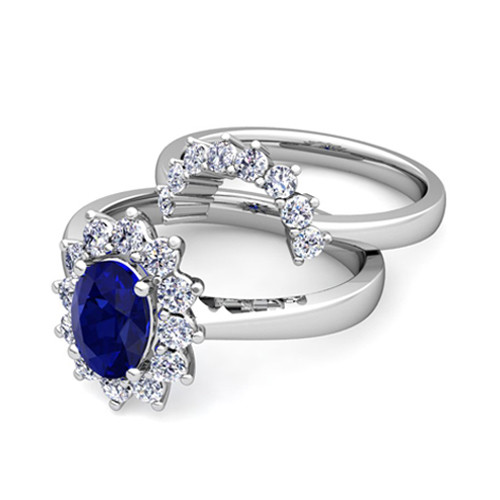 Gemstone Wedding Sets
 Diamond and Sapphire Diana Engagement Ring Bridal Set 14k