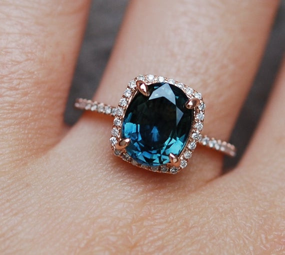 Gemstone Wedding Sets
 Blue Green sapphire engagement ring Peacock sapphire 3 75ct