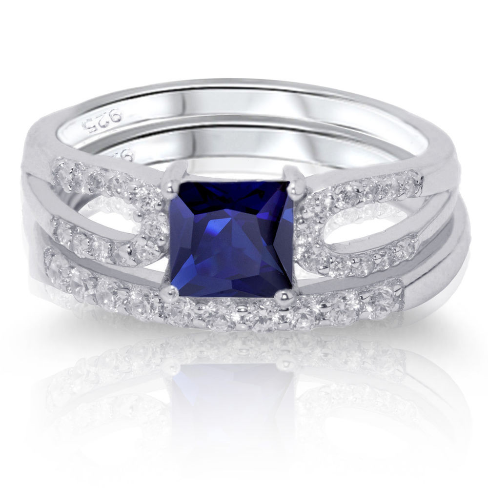 Gemstone Wedding Sets
 Princess Cut Blue Sapphire Engagement Wedding Sterling