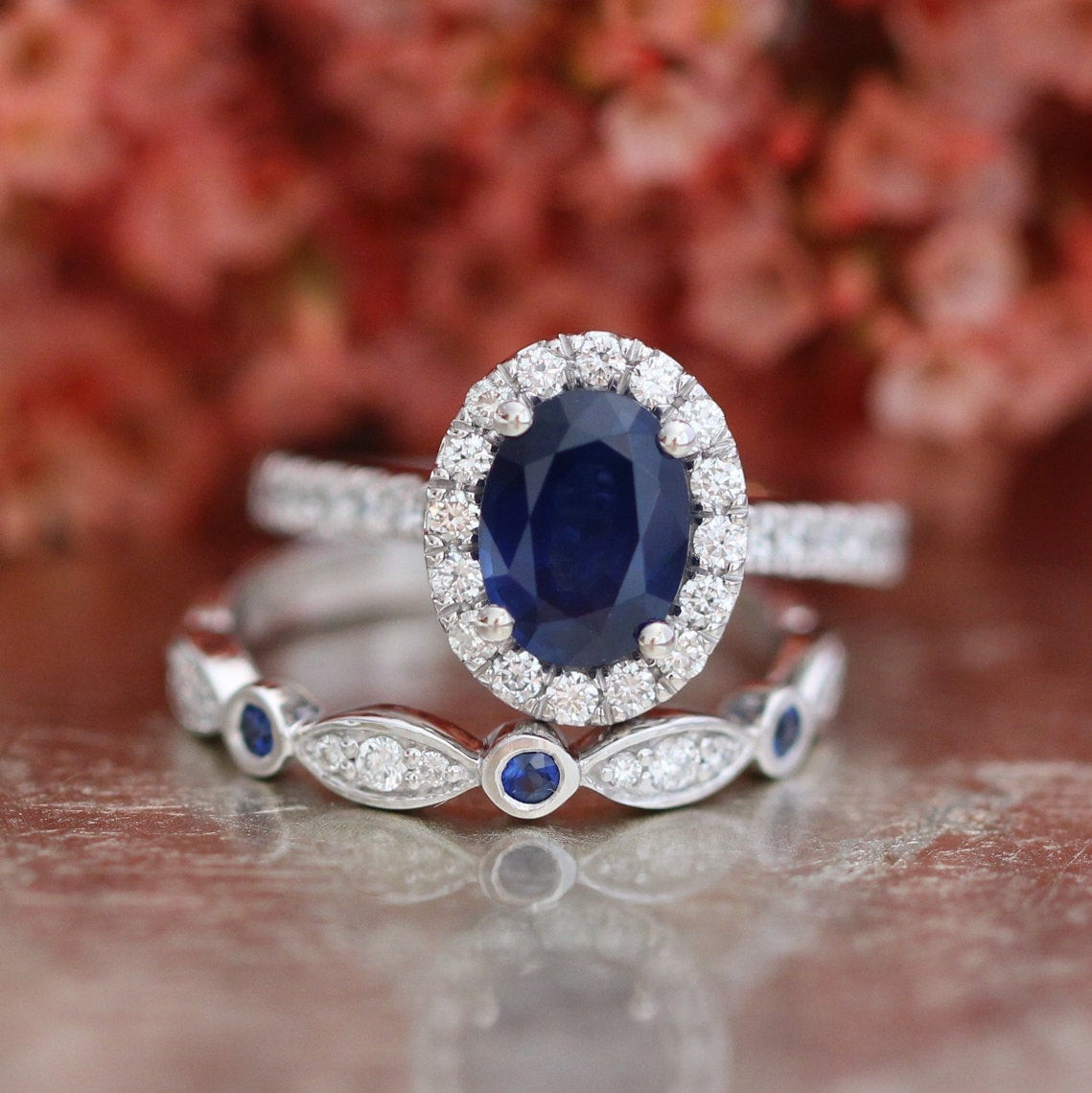 Gemstone Wedding Sets
 Blue Sapphire Engagement Ring and Bezel Scalloped by