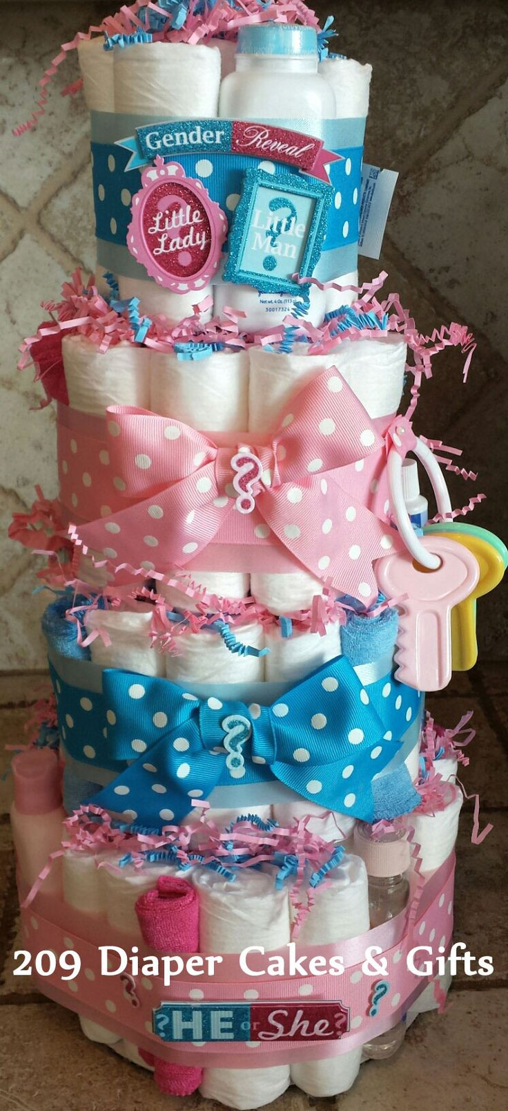 Gender Party Gift Ideas
 4 Tier Pink & Blue Gender Reveal Diaper Cake by 209 Diaper