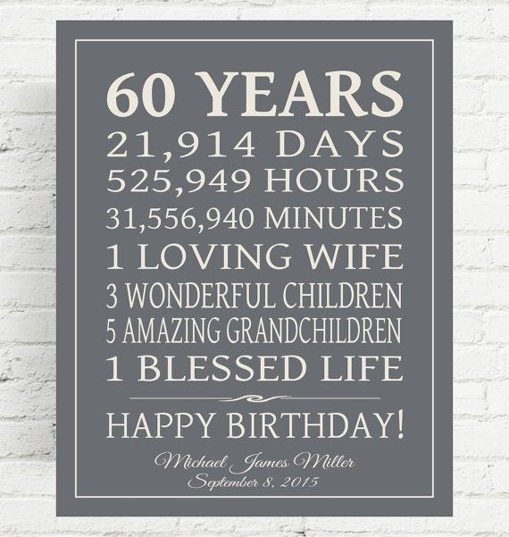 Gift Ideas For 60 Year Old Mother
 60th BIRTHDAY GIFT Sign Dad Birthday Gift Mom Birthday