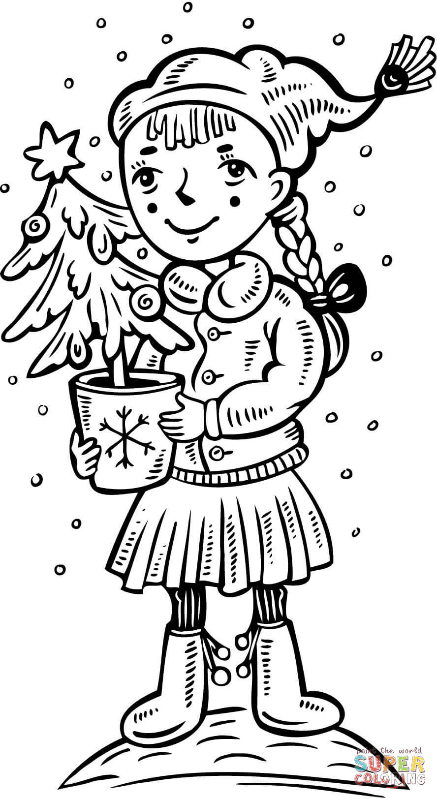 Girls Christmas Coloring Pages
 A Girl with a Christmas Tree coloring page