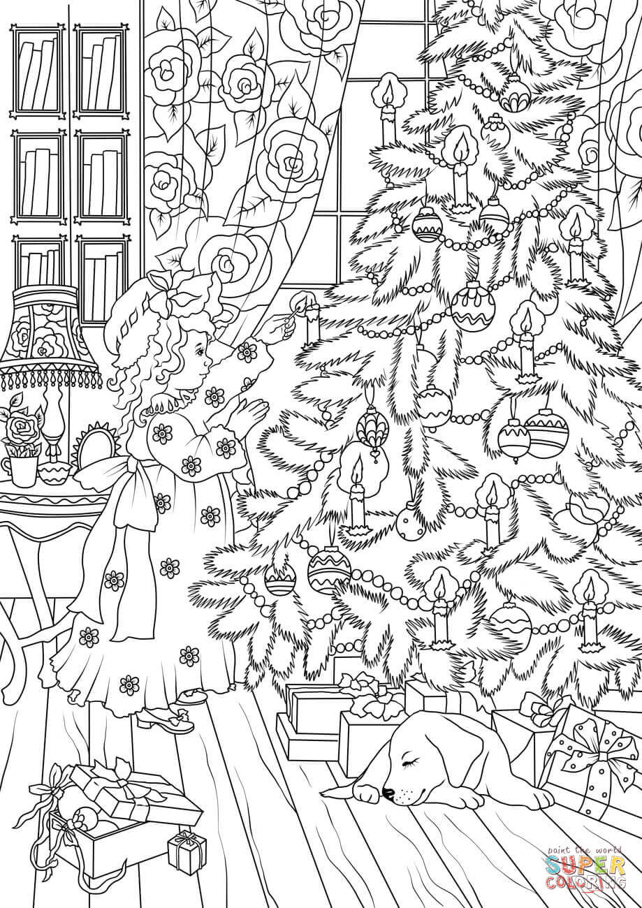 Girls Christmas Coloring Pages
 A Little Girl is Decorating a Christmas Tree coloring page