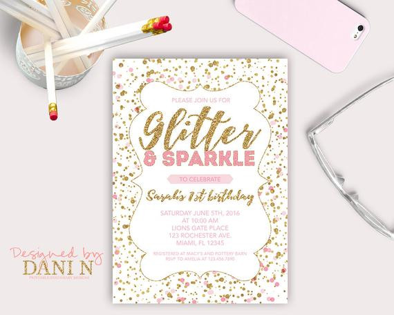 Glitter Birthday Invitations
 Glitter and Sparkle Birthday Party INVITATION Pink Polka