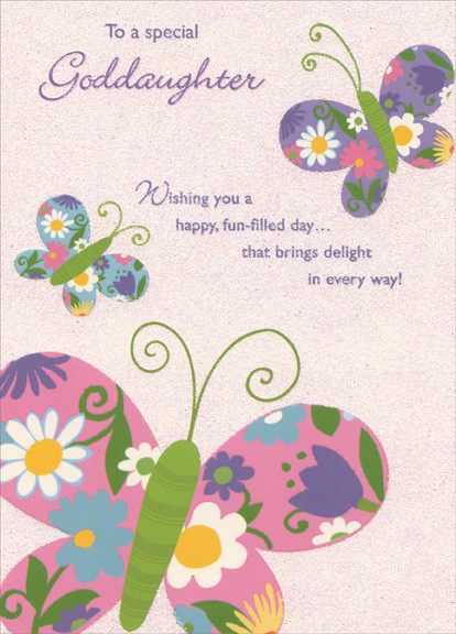 Goddaughter Birthday Wishes
 Three Colorful Butterflies on Glitter Background