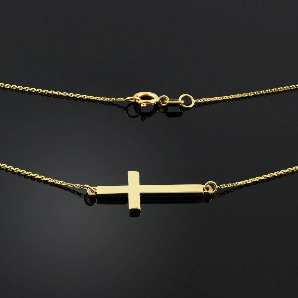 Gold Cross Bracelet
 14K Solid Gold Sideways Cross Cute Necklace