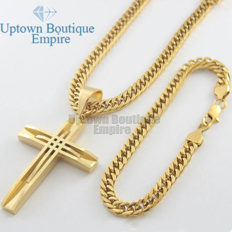 Gold Cross Bracelet
 24" men s stainless steel Gold cuban link chain necklace