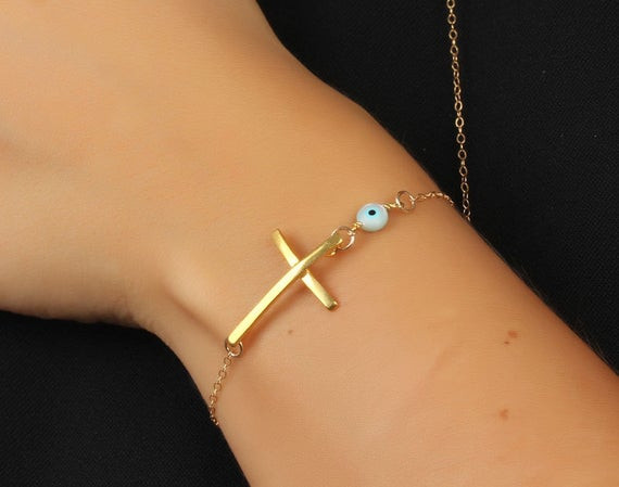 Gold Cross Bracelet
 Evil eye bracelet Sideways cross bracelet gold filled