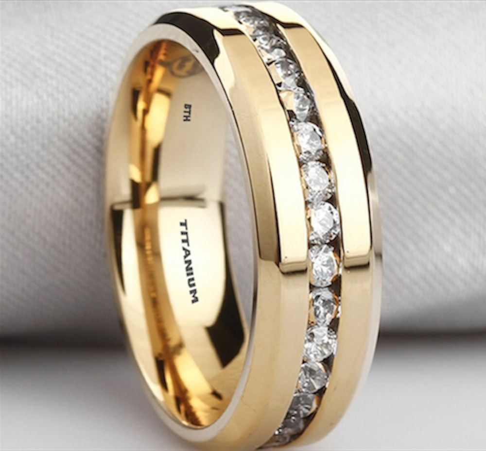 Gold Diamond Wedding Rings
 New Boxed Mens Created Diamonds Titanium Gold Gp Wedding