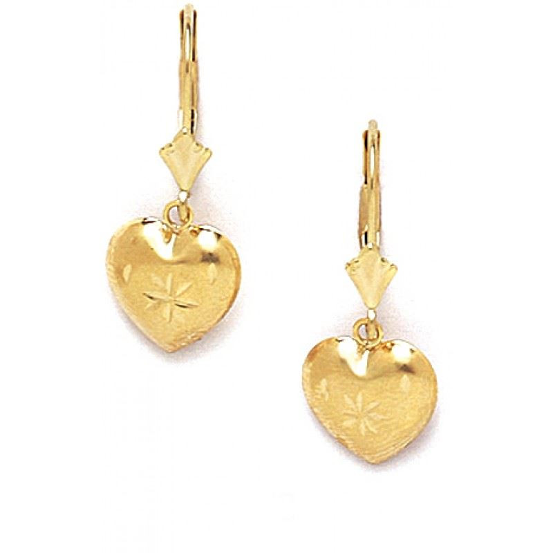 Gold Leverback Earrings
 14K Solid Yellow Gold Heart Dangle Leverback Earrings L58