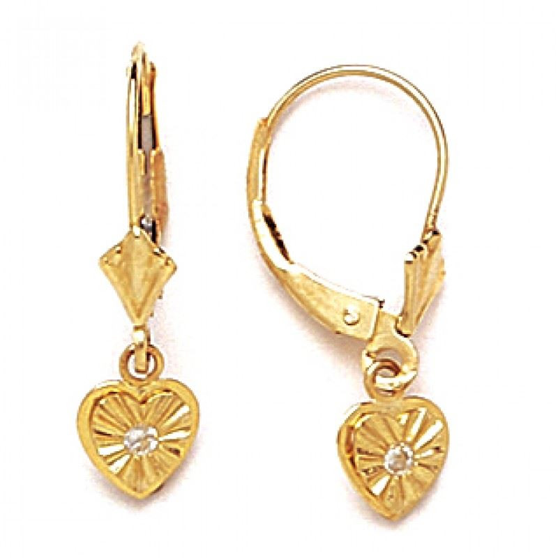 Gold Leverback Earrings
 14K Solid Yellow Gold Heart Dangle Leverback Earrings L46