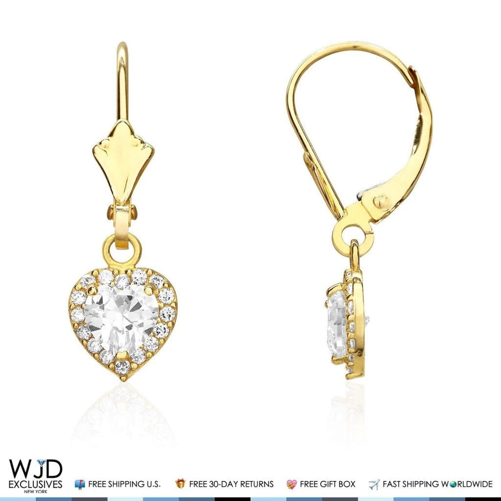 Gold Leverback Earrings
 1Ct Diamond & White Zircon Heart Dangle Leverback Earrings