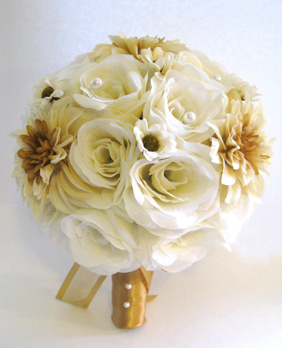 Gold Wedding Flowers
 17 piece Wedding Flowers Bridal silk Bouquet CREAM GOLD