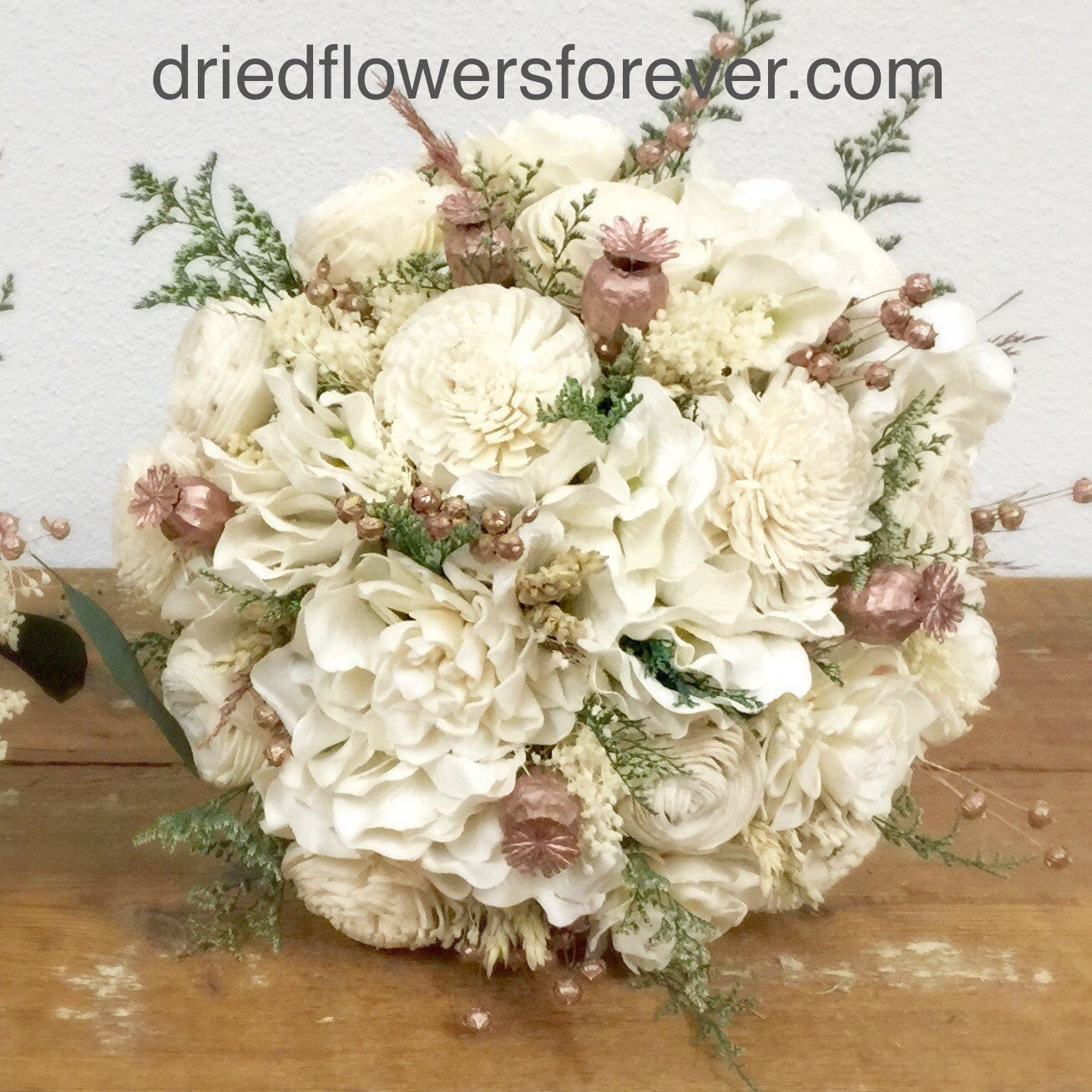 Gold Wedding Flowers
 Rose Gold Wedding Bouquet Preserved & Dried flowers Pink