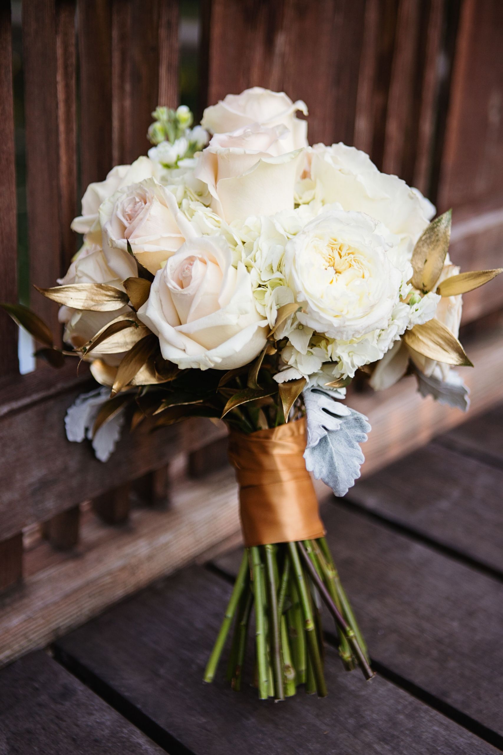 Gold Wedding Flowers
 White Rose and Gold Leaf Bridal Bouquet