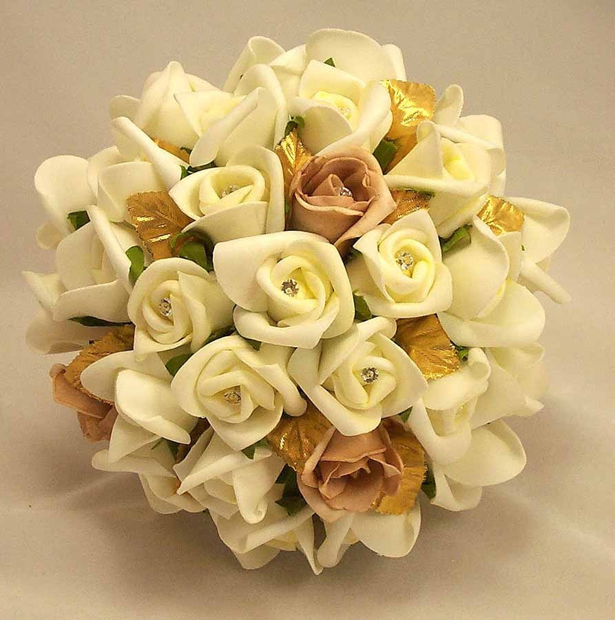Gold Wedding Flowers
 Bridal Bouquets Ivory Rosebud & Gold Leaf Bouquet Silk