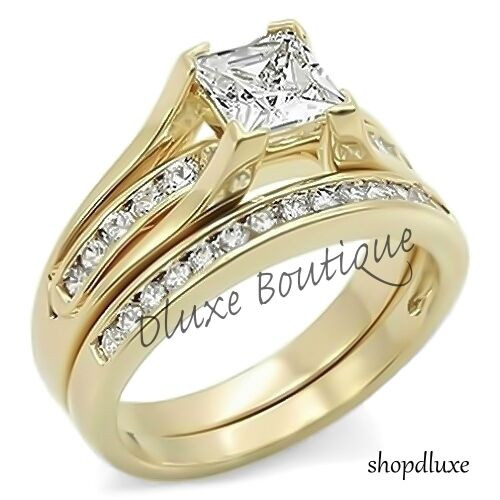 Gold Wedding Ring Sets
 2 10 Ct Princess Cut AAA CZ 14k Gold Plated Wedding Ring