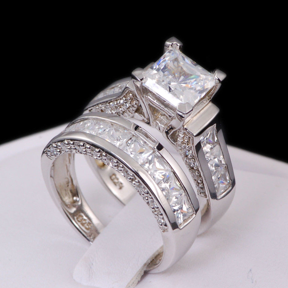 Gold Wedding Ring Sets
 Sterling Silver 14k White Gold Princess Diamond Cut