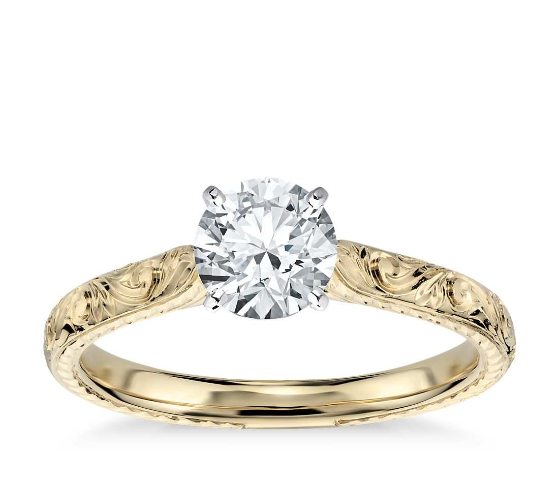 Gold Wedding Rings
 Hand Engraved Solitaire Engagement Ring in 18K Yellow Gold