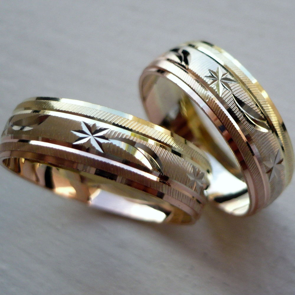 Gold Wedding Rings
 10K SOLID TRICOLOR GOLD HIS AND HER WEDDING BAND RING SET