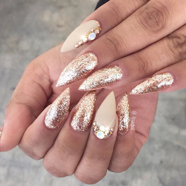 Golden Nail Art Designs
 Gold glitter rhinestone stiletto nails nailart nails