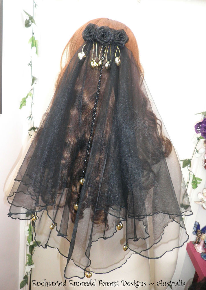 Gothic Wedding Veils
 Black Tulle Fairytale Bridal Veil Golden Hearts Veil