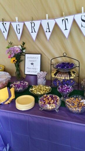 Graduation Party Color Ideas
 Sweet treats buffet with school colors purple and gold