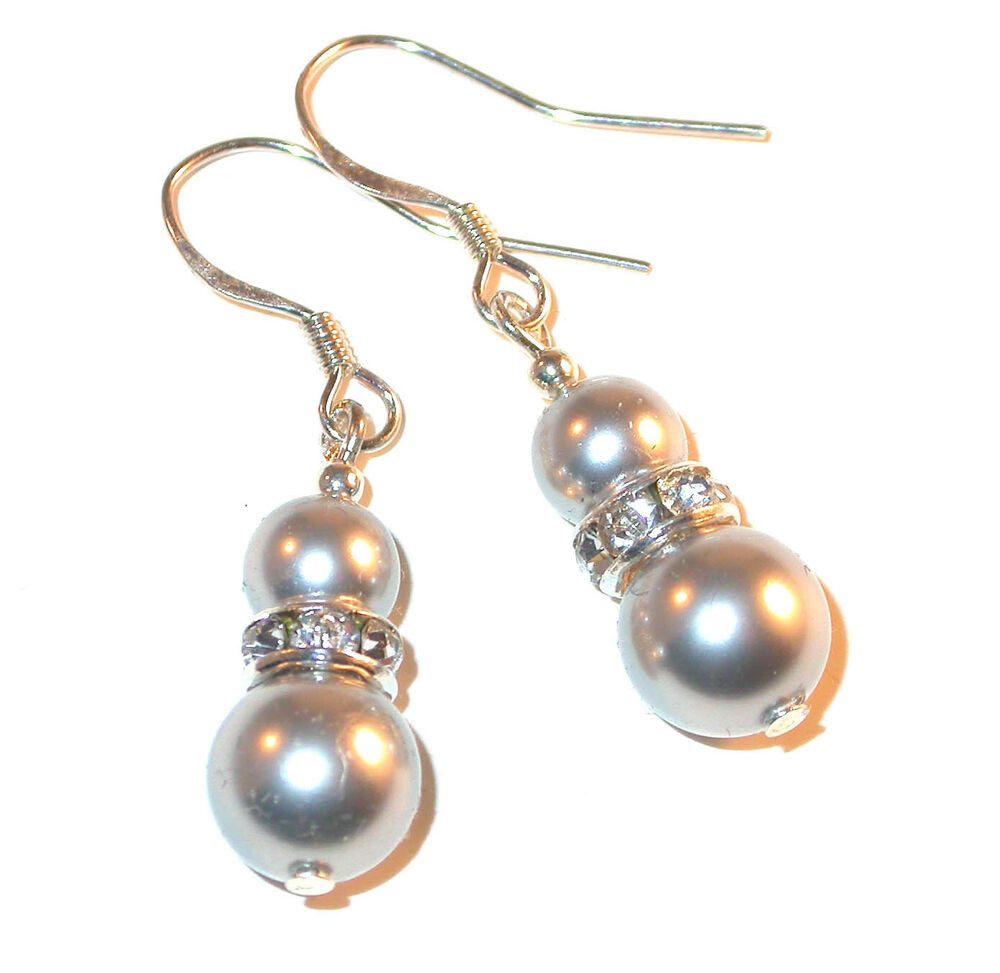 Gray Pearl Earrings
 LIGHT GREY Pearl Earrings Sterling Silver Dangle Swarovski