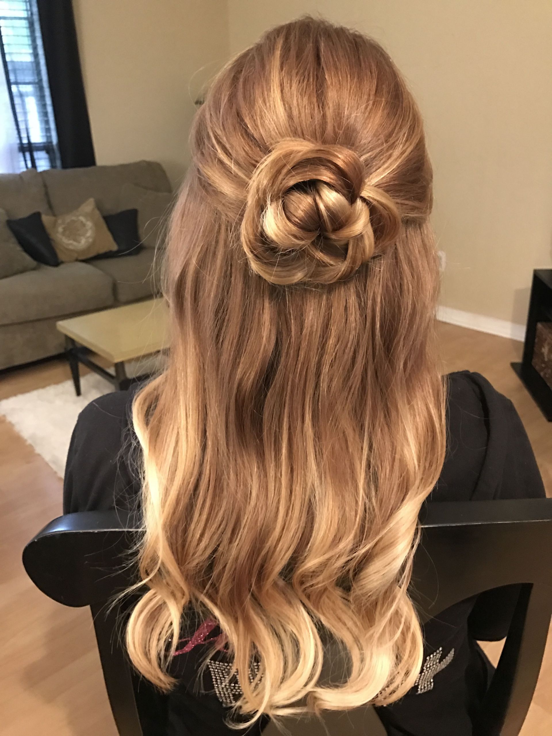 Half Up Half Down Curled Prom Hairstyles
 Rose flower hair updo half up half down hairstyle for prom