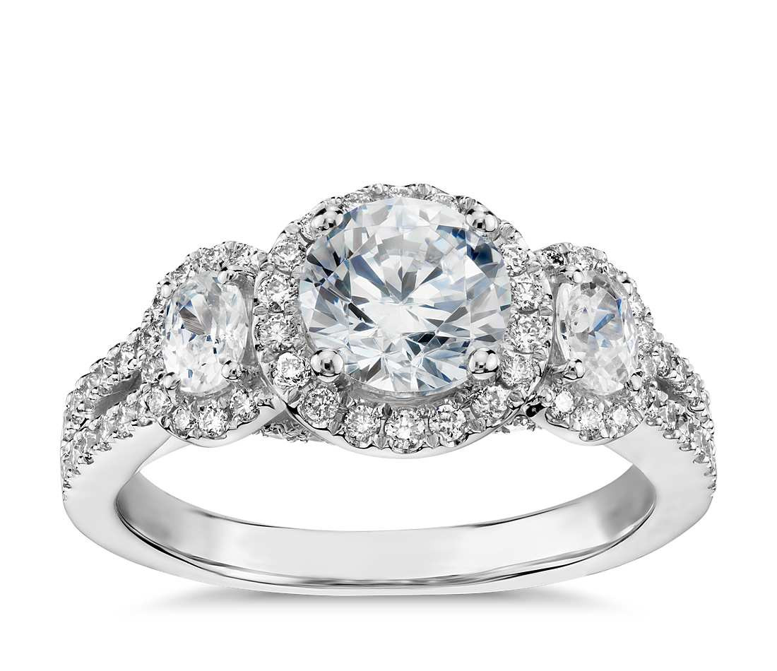 Halo Diamond Engagement Rings
 Monique Lhuillier Three Stone Halo Pavé Diamond Engagement