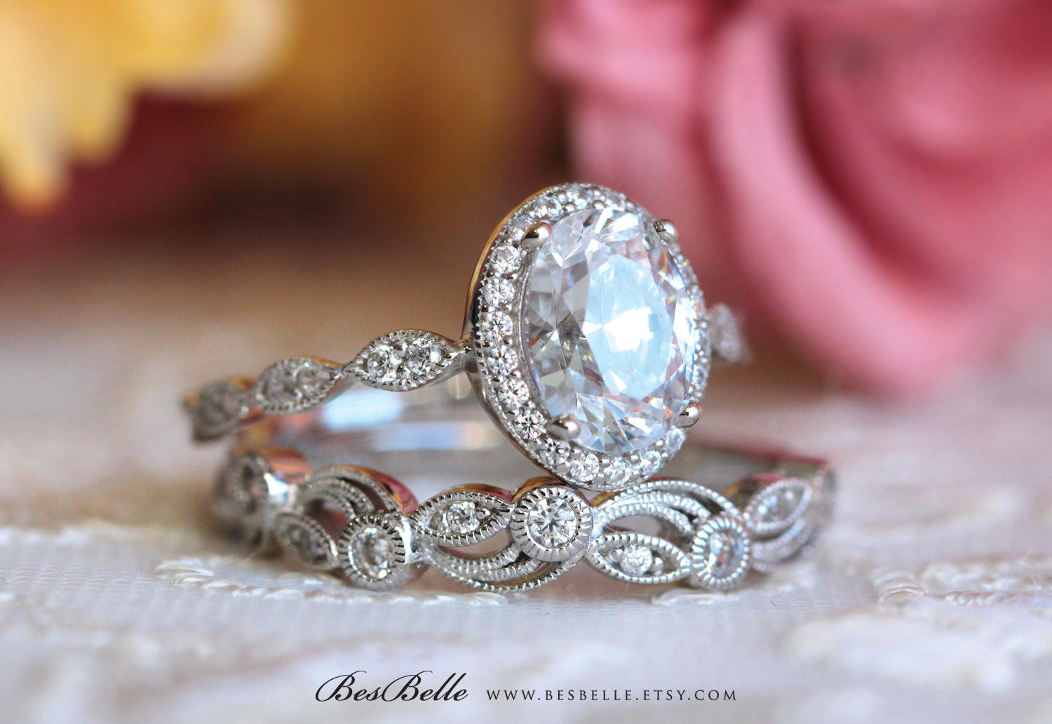 Halo Wedding Ring Set
 2 20 ct Art Deco Bridal Set Ring Oval Halo Engagement Ring