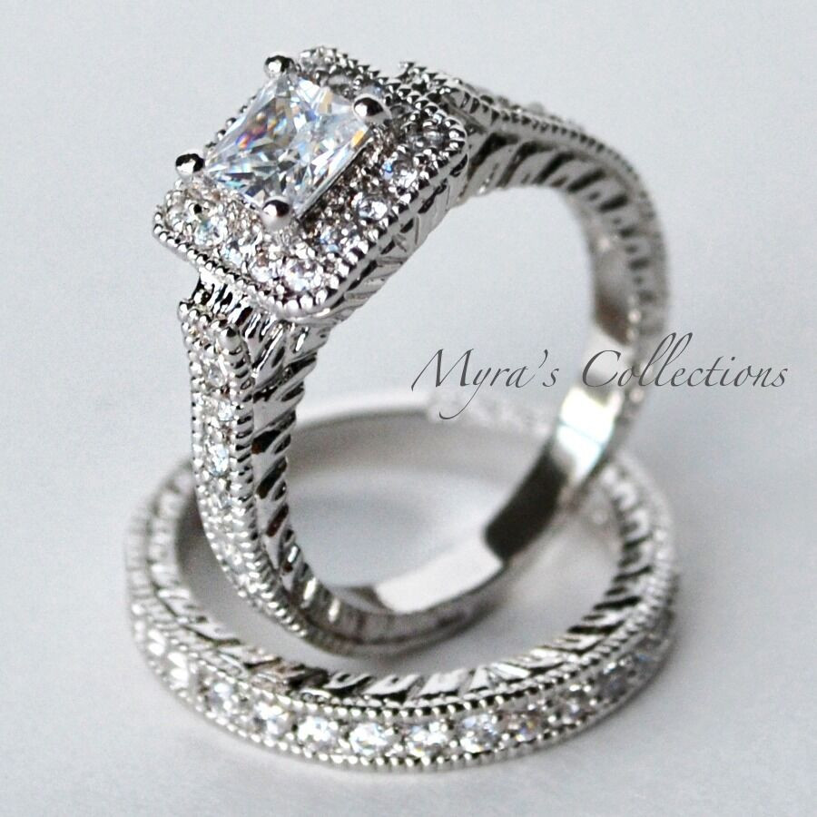 Halo Wedding Ring Set
 3 9CT ART DECO HALO BRIDAL WEDDING ENGAGEMENT RING BAND