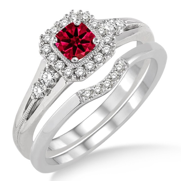 Halo Wedding Ring Set
 1 5 Carat Ruby & Diamond Bridal Set Halo Engagement Ring