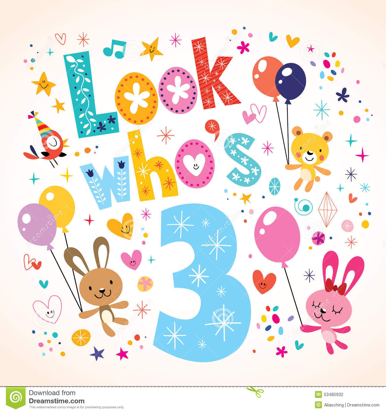 Happy 3rd Birthday Wishes
 Look Who s Three Third Birthday Card Stock Vector