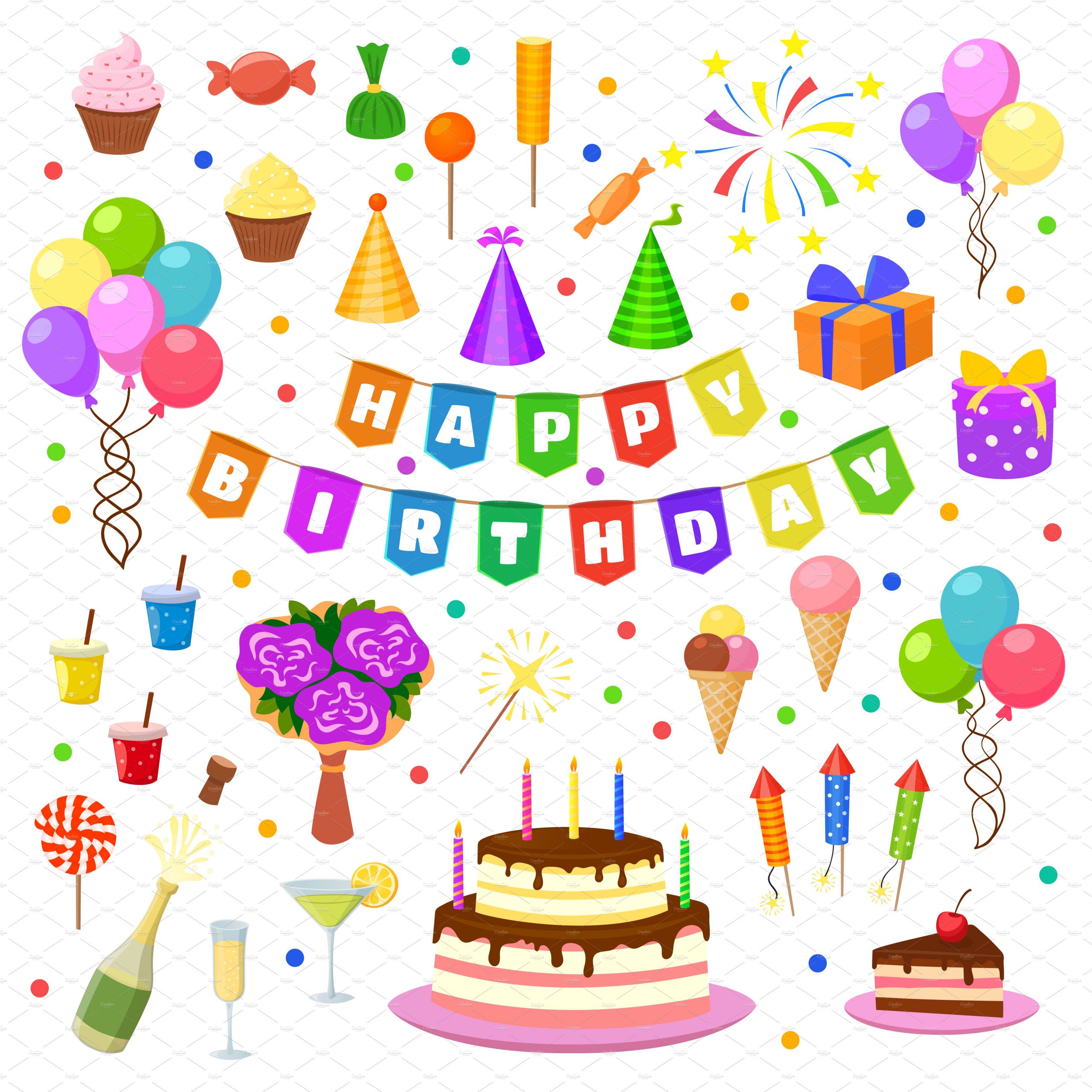 Happy Birthday Decorations
 Happy birthday party symbols vector Graphic Objects